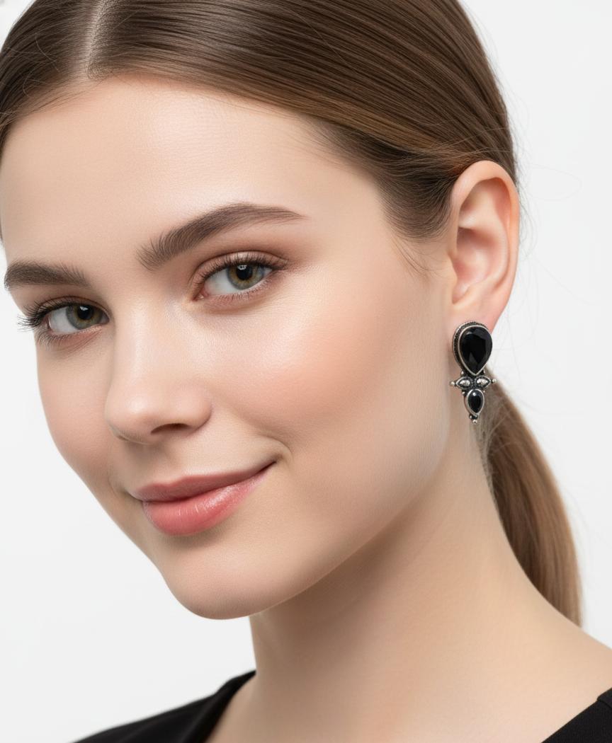 "Vintage Black Onyx Teardrop Earrings with Silver Accents – Elegant Statement Jewelry"