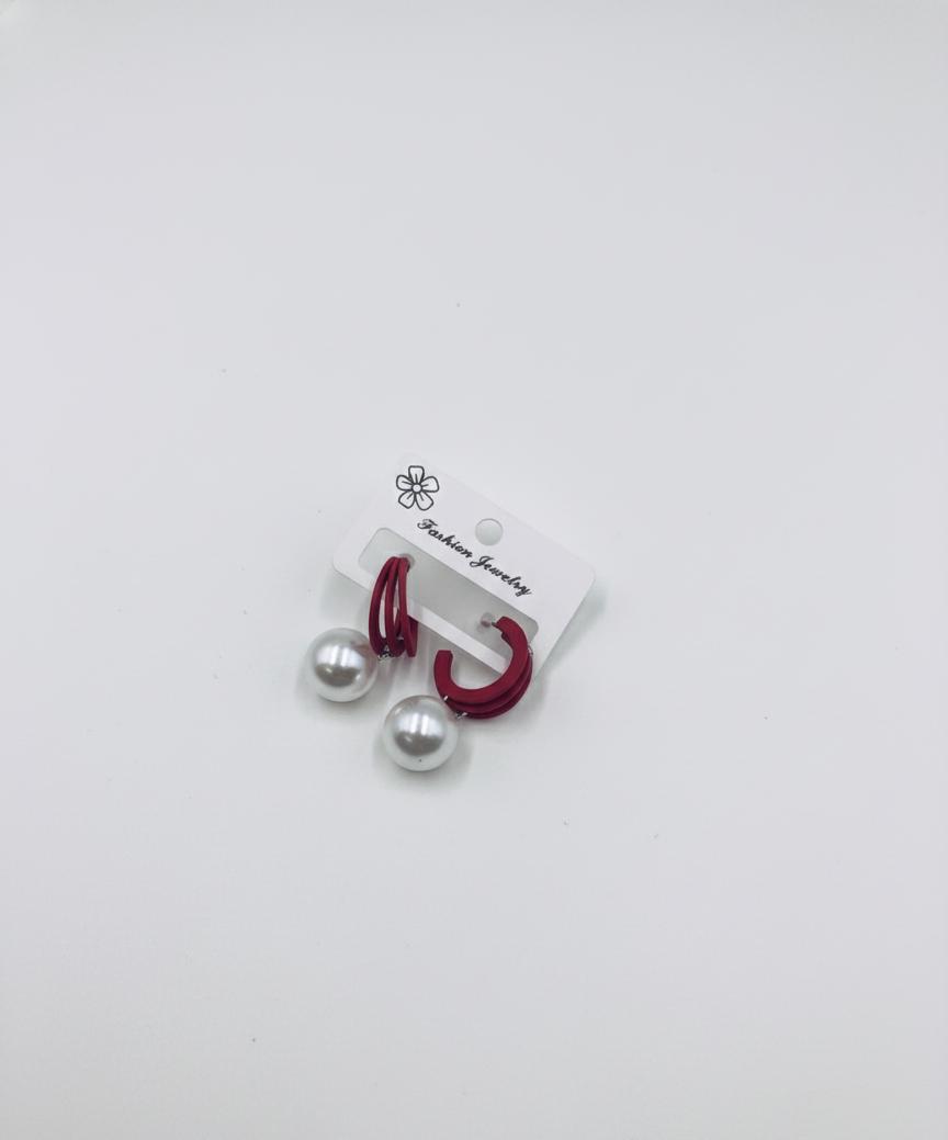 Elegant Red Hoops with Dangling Pearl Drop Earrings