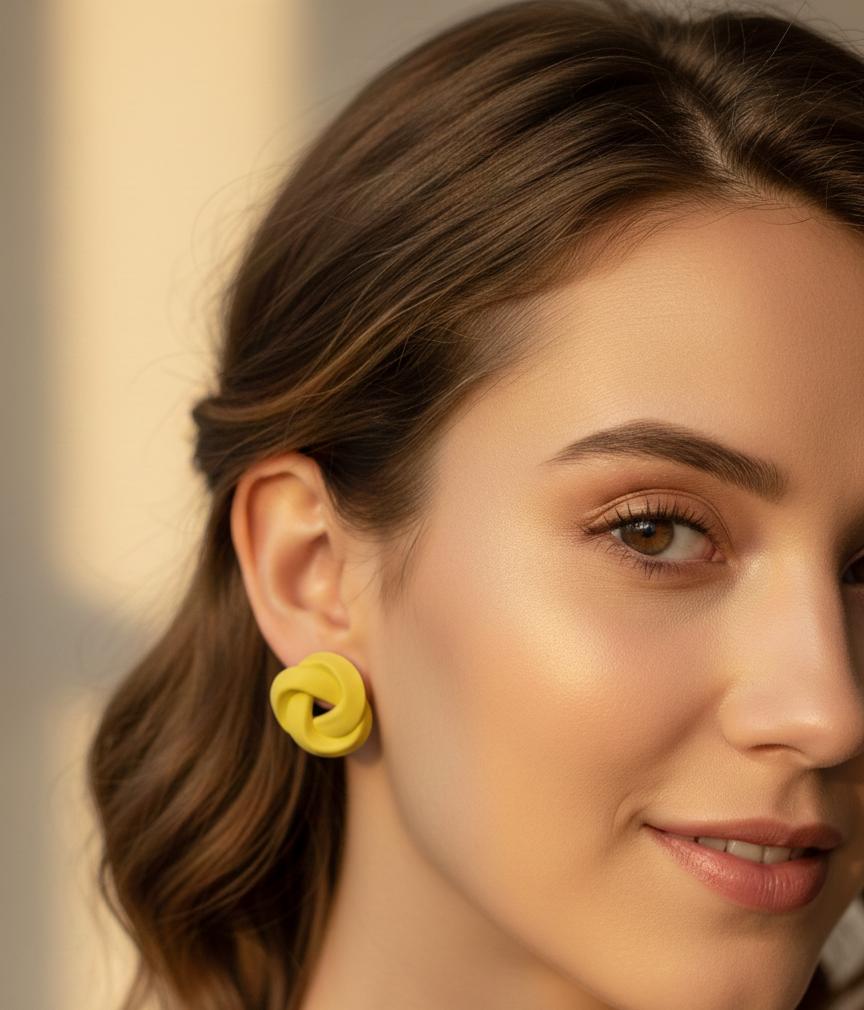 "Yellow Knot-Design Statement Stud Earrings – Bold Minimalist Fashion Jewelry"