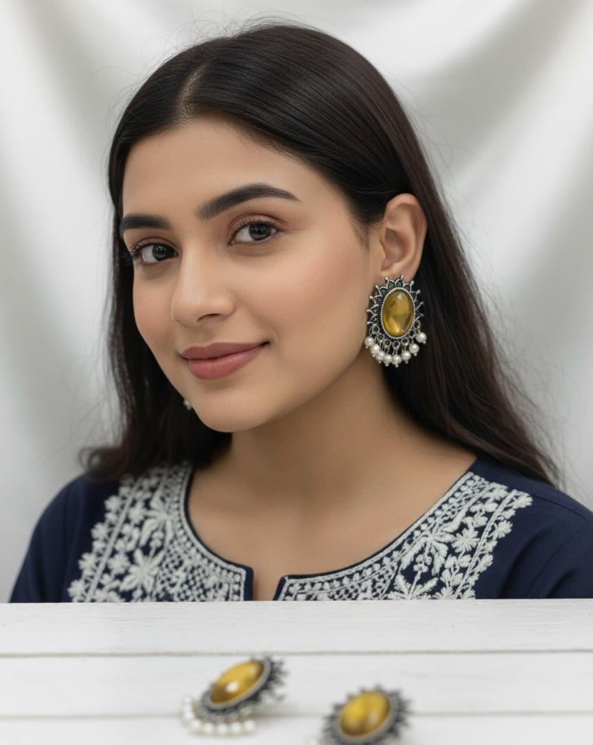 "Antique Silver Oval Yellow Stone Earrings with Pearl Dangling Accents"