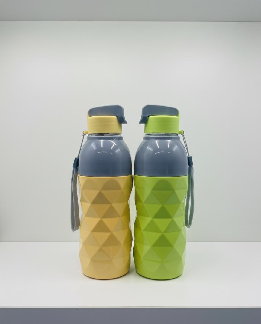 "Geometric Grip Plastic Water Bottles with Portable Strap - Stylish & Durable Design"