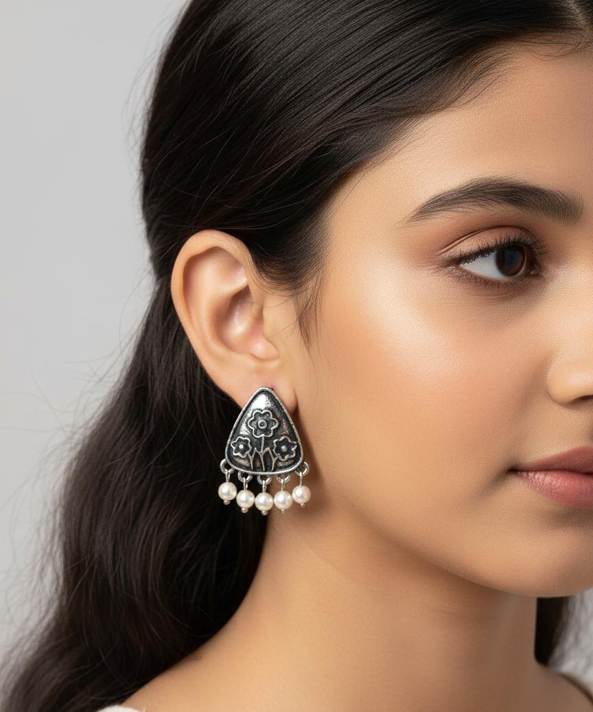 "Antique Silver Floral Drop Earrings with Pearl Dangling Accents"