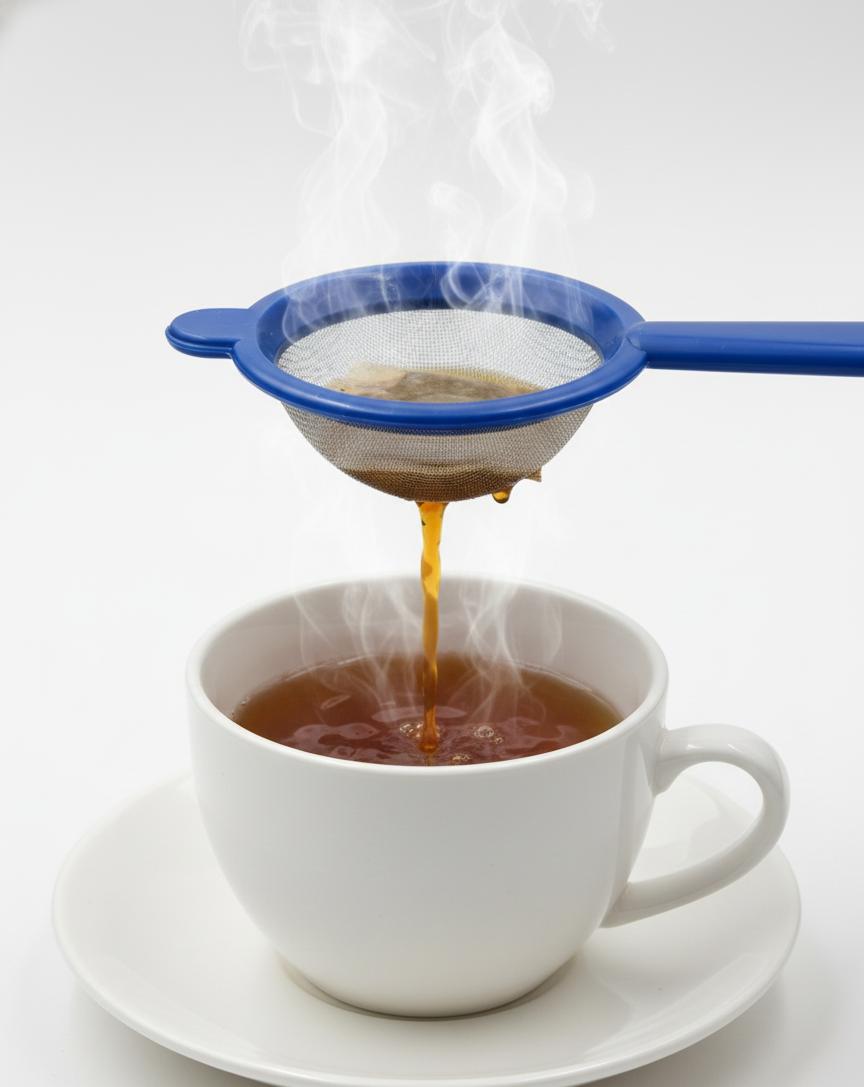 "Blue Fine Mesh Tea Strainer with Durable Handle for Hot Beverages"