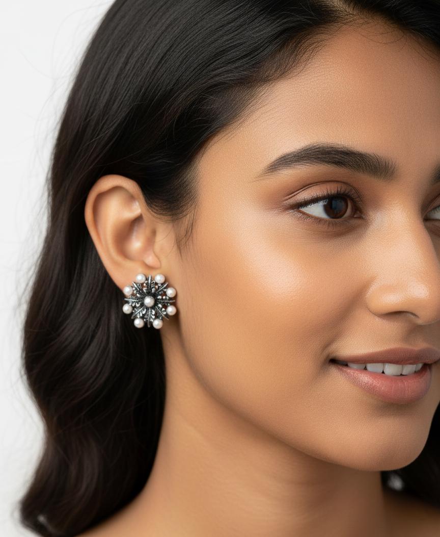 Antique Silver-Tone Floral Stud Earrings with Pearl Accents