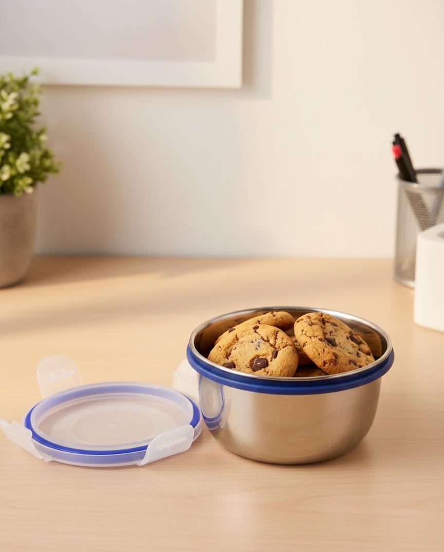 "Stainless Steel Airtight Food Storage Bowl with Snap-On Lid"