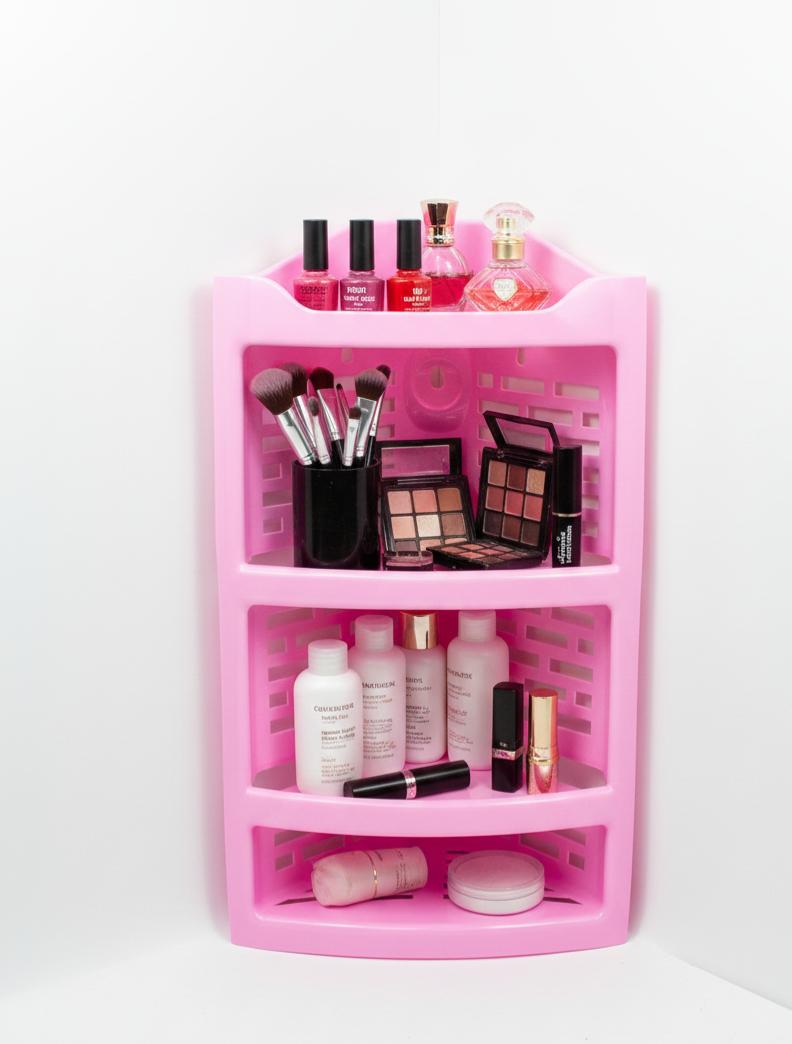 "Pink Plastic 3-Tier Corner Storage Rack for Kitchen & Bathroom Organization"