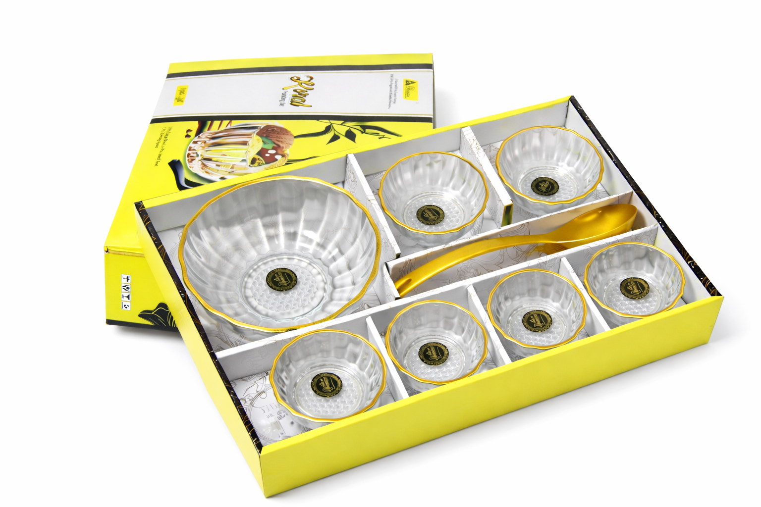 Elegant Gold-Trimmed Glass Bowl Set with Serving Spoon - 8 Pieces