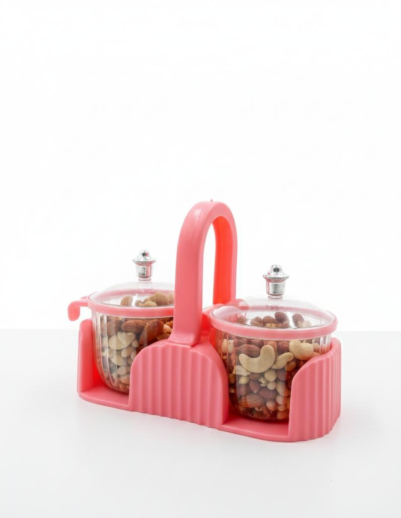 Dual Jar Pink Spice and Snack Organizer with Transparent Lids and Handle