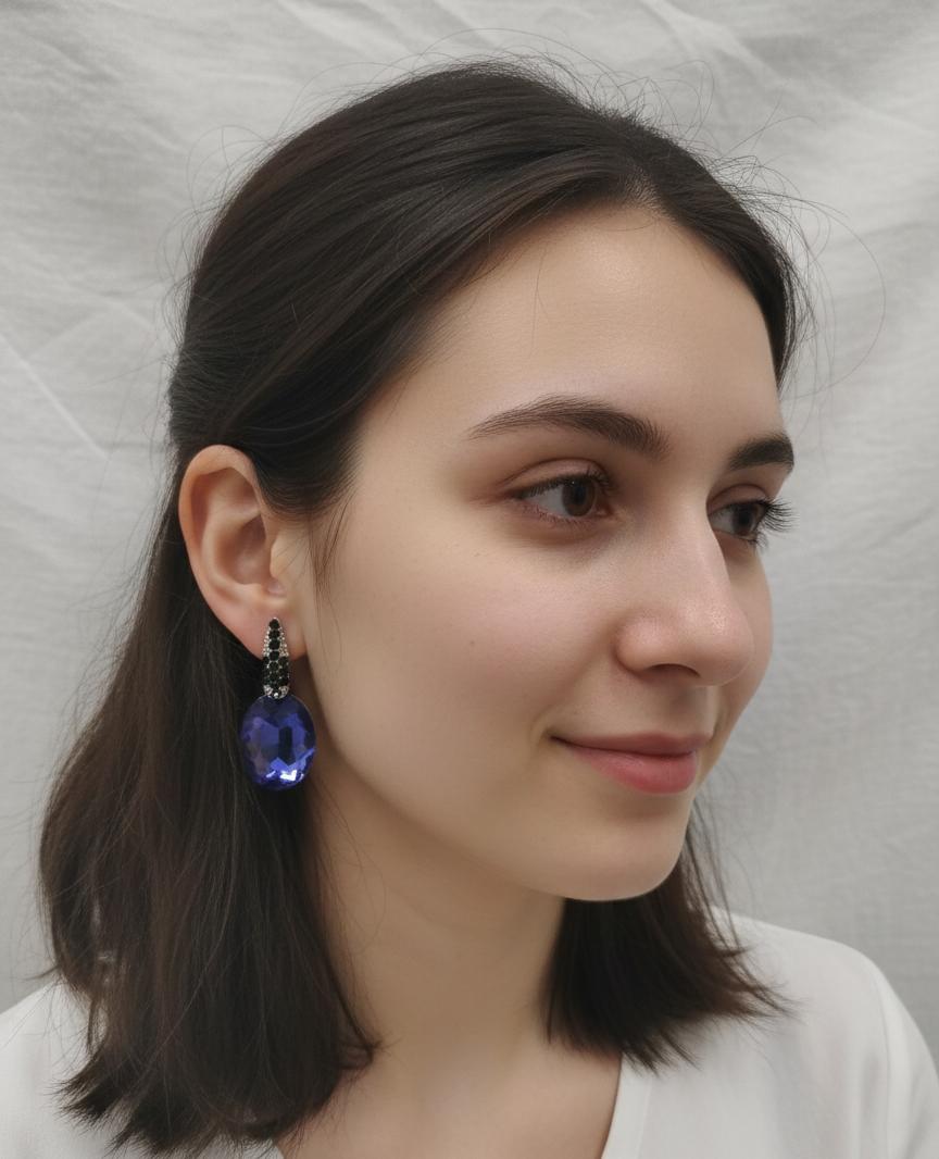 "Royal Blue Crystal Drop Earrings with Black Rhinestone Accents"