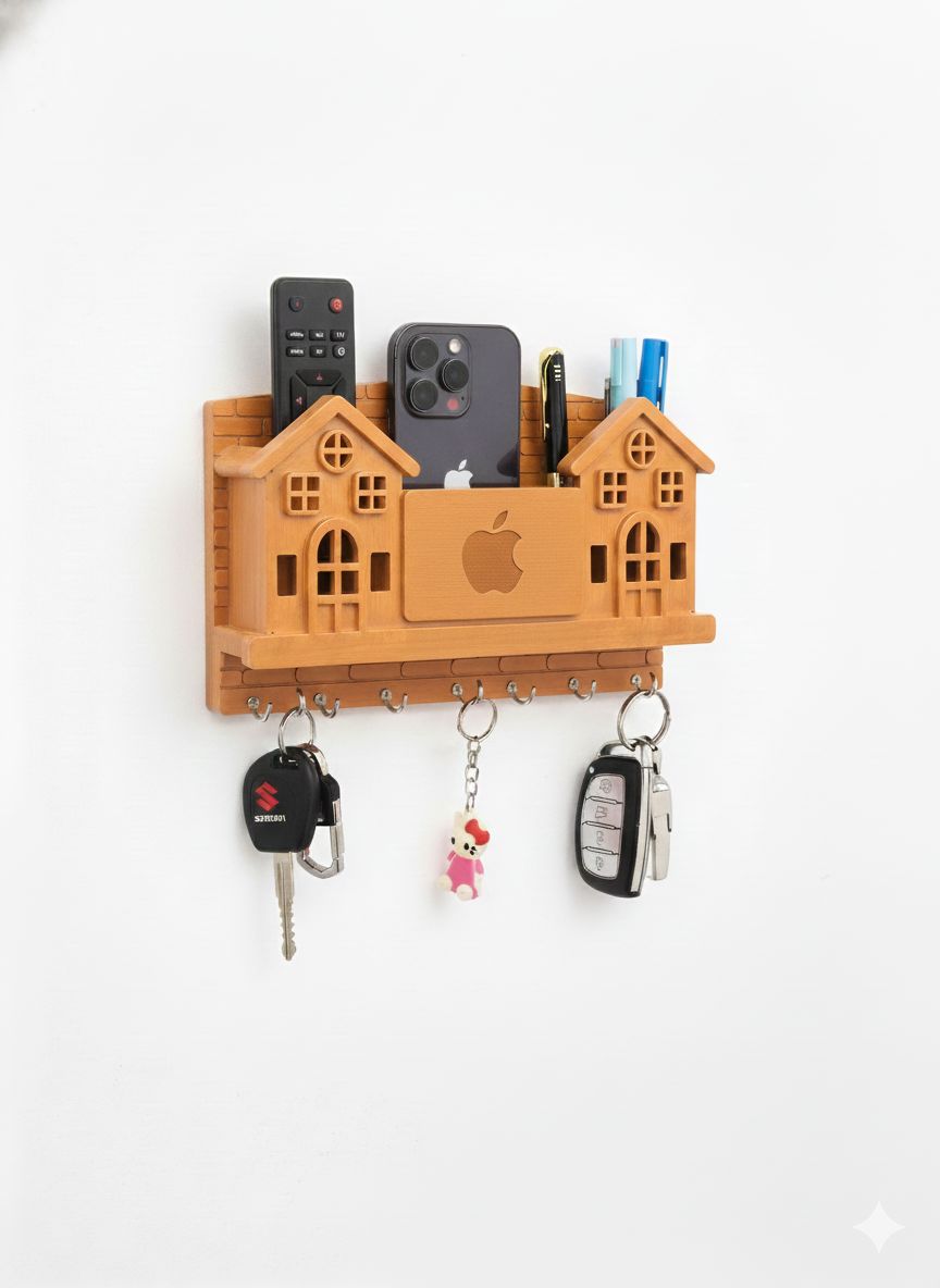 "Wooden Wall-Mounted Organizer with Key Hooks and Storage Compartments"
