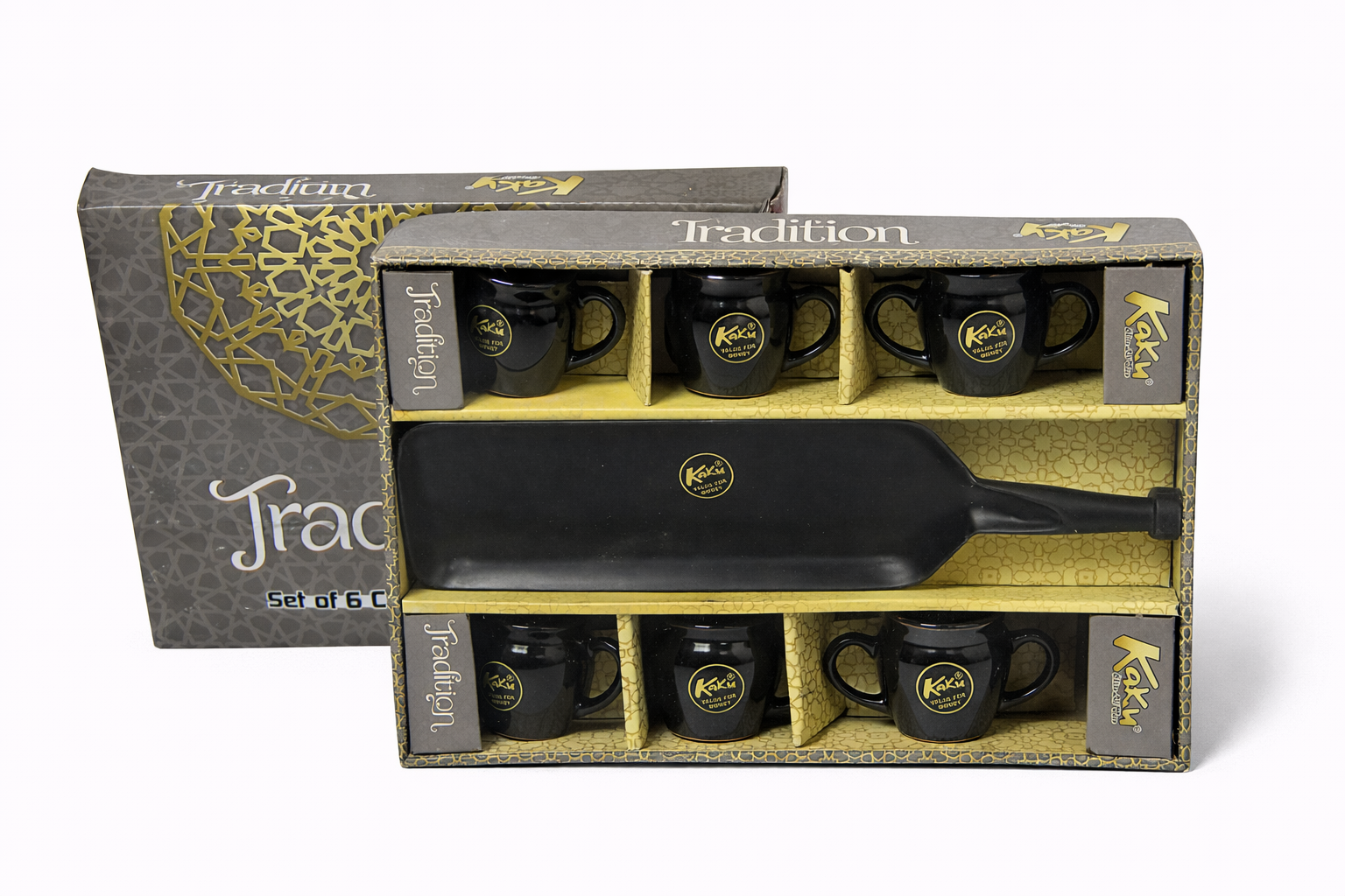 Elegant 6-Piece Black Tea Cup Set with Serving Platter