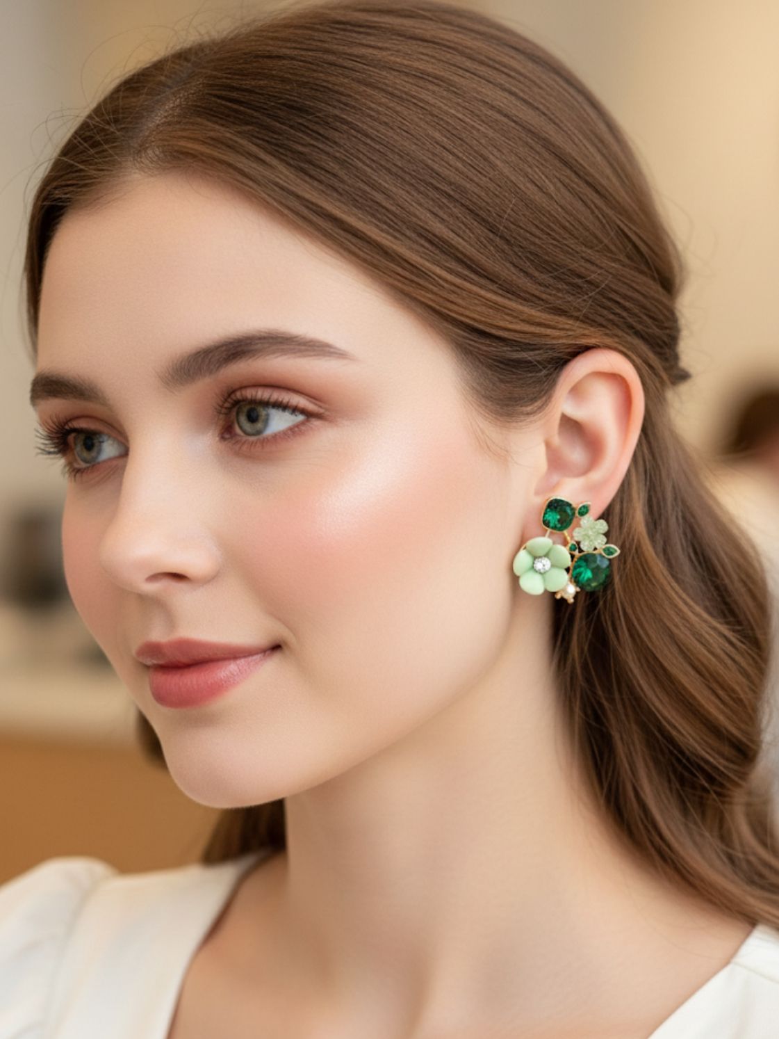 "Emerald Green Floral Crystal Statement Earrings with Pearls"
