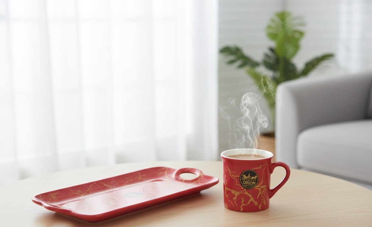 "Vitara Elegant Red Marble Mug and Snack Platter Set - 7 Pieces"