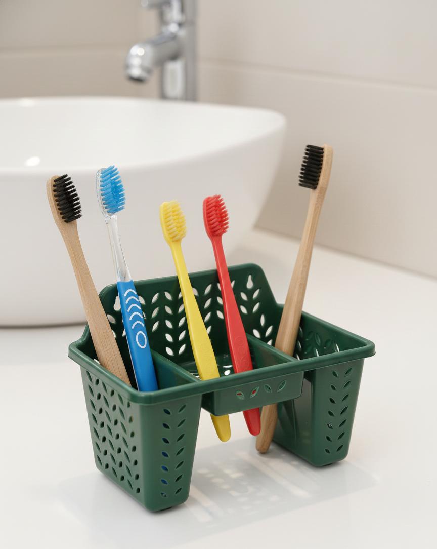 "Multi-Slot Perforated Plastic Toothbrush and Accessory Holder for Bathrooms"