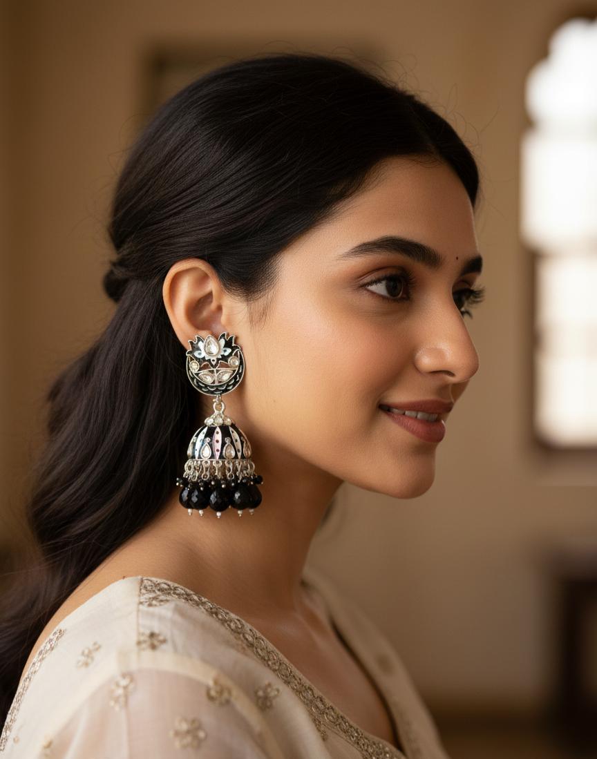 Royal Black Onyx Silver Jhumka Earrings with Intricate Enamel Detailing
