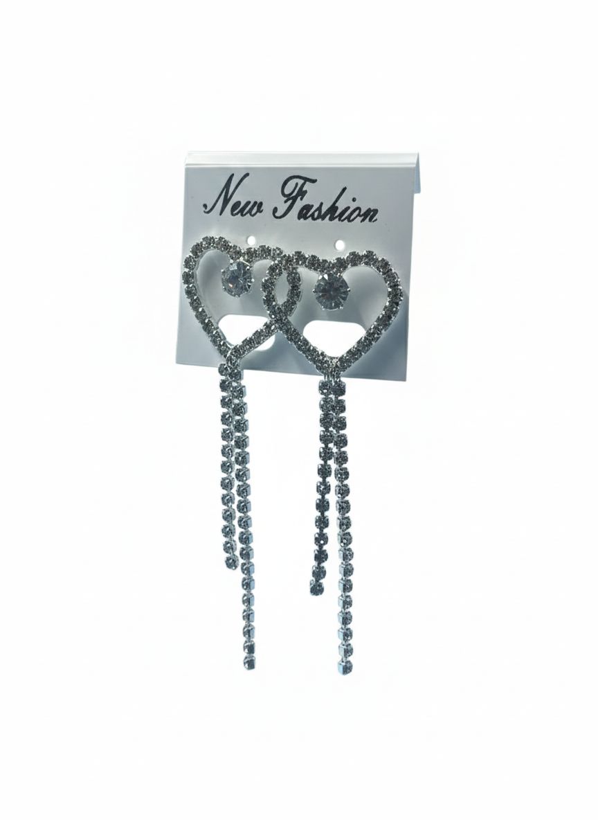 Sparkling Crystal Heart Drop Earrings with Rhinestone Tassels