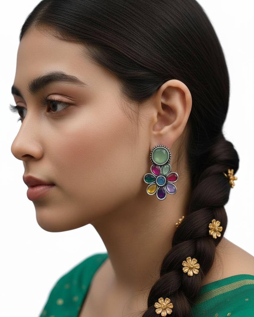 "Multicolor Floral Design Drop Earrings with Green Accent Stone"