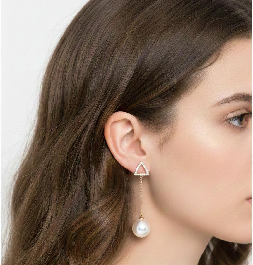 Pearl Drop Triangle Stud Earrings with Gold and Crystal Detailing.