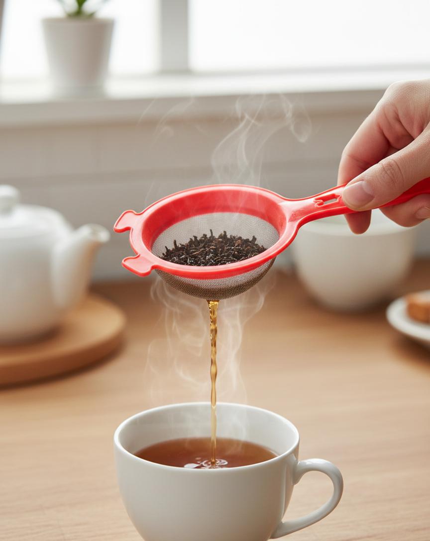"Premium Fine Mesh Tea Strainer with Red Handle – Easy Pour Design"
