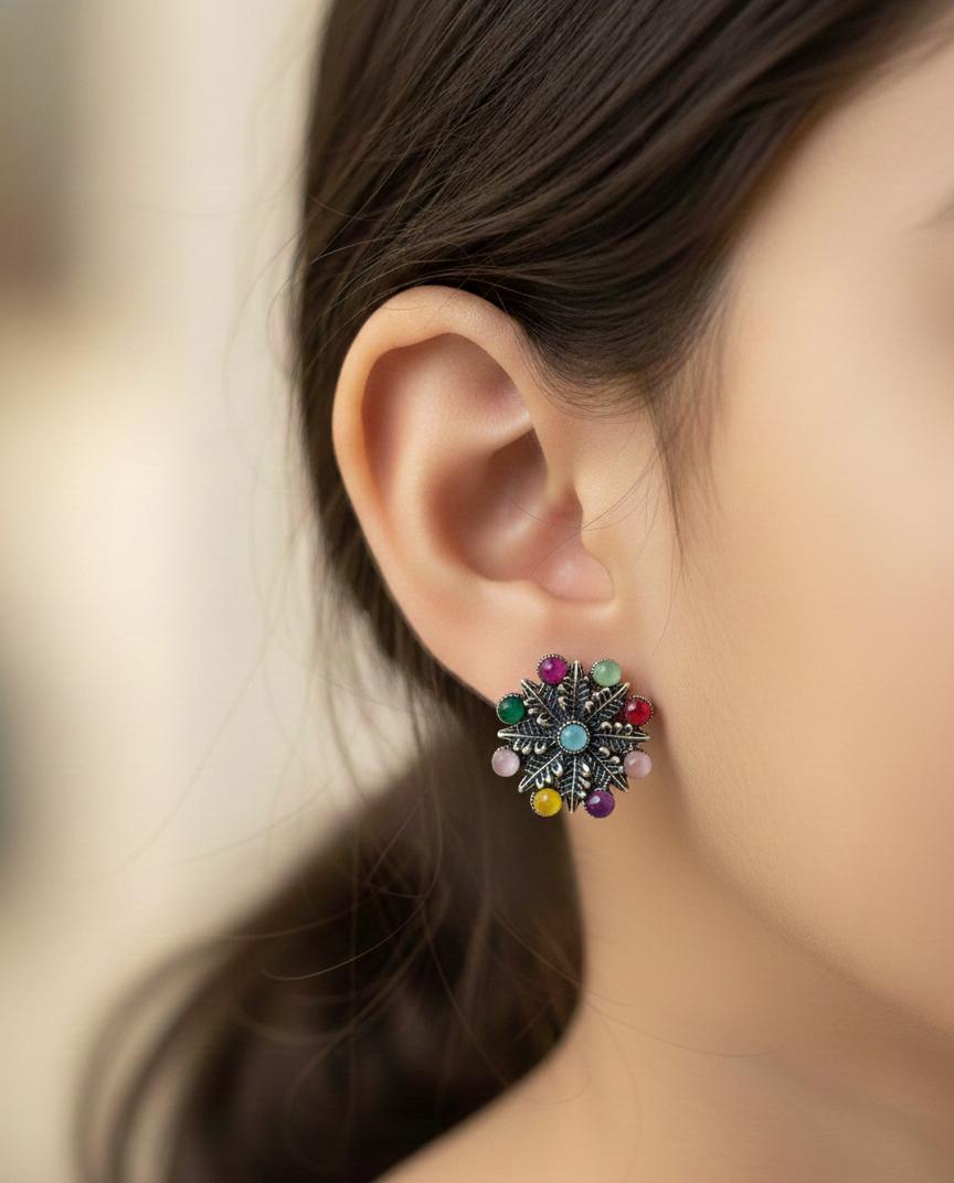 "Vintage Multicolor Gemstone Floral Stud Earrings – Boho Chic Statement Jewelry"