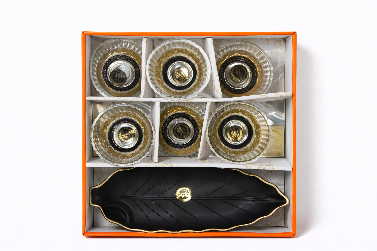 "Elegant Glass Bowl Set with Black Leaf Platter - 7-Piece Snacking Delight"