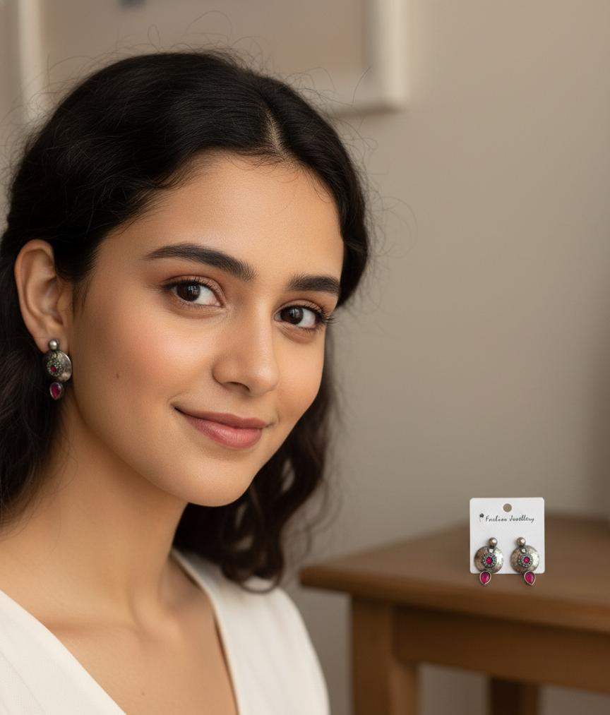 "Antique Silver Earrings with Red Teardrop Gemstone Accents – Boho Chic Design"