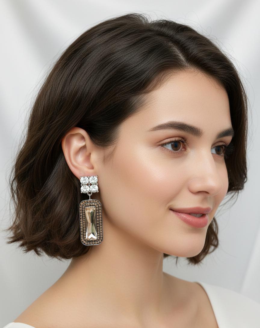 "Elegant Rectangle Crystal Drop Earrings with Rhinestone Studs - Vintage Boho Chic Jewelry"