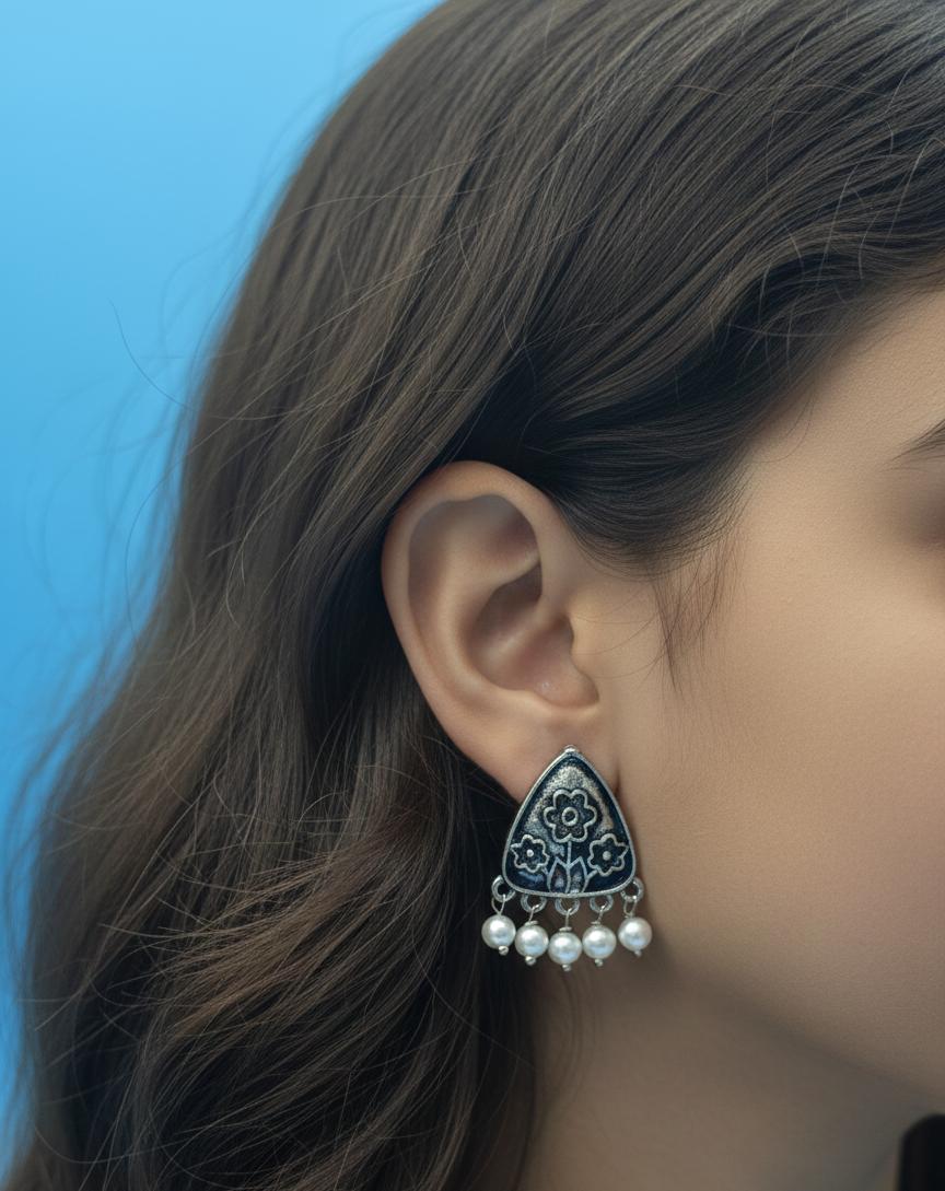 "Elegant Black Floral Triangle Earrings with Dangling Pearls"