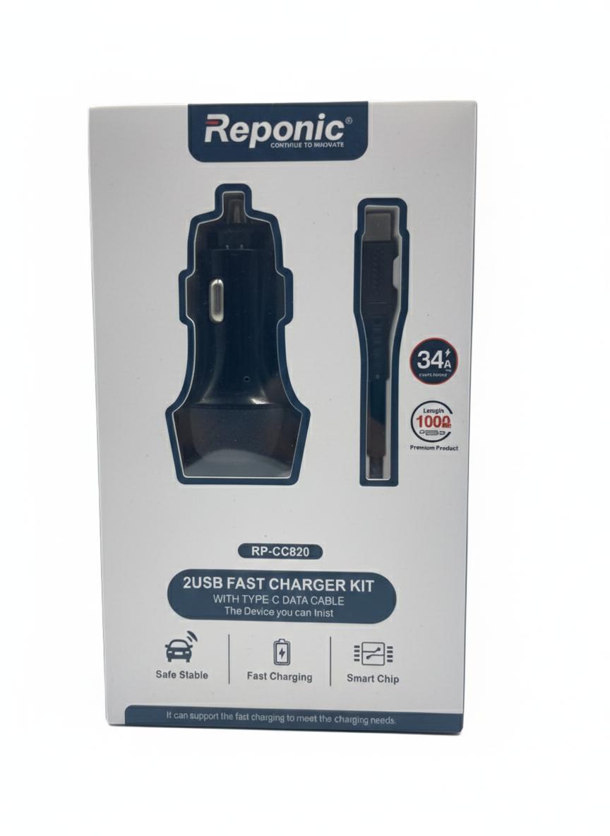 Reponic 2-Port USB Fast Car Charger with Type-C Cable - 3.4A