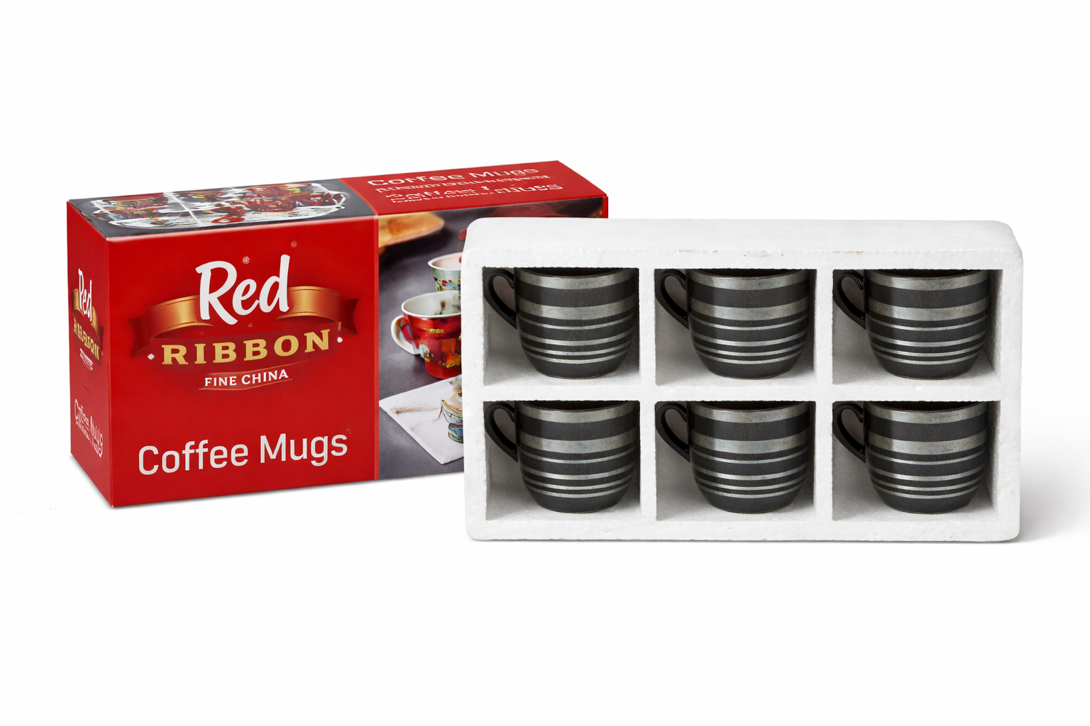 "Red Ribbon Fine China 6-Piece Coffee Mug Set – Vibrant and Durable"