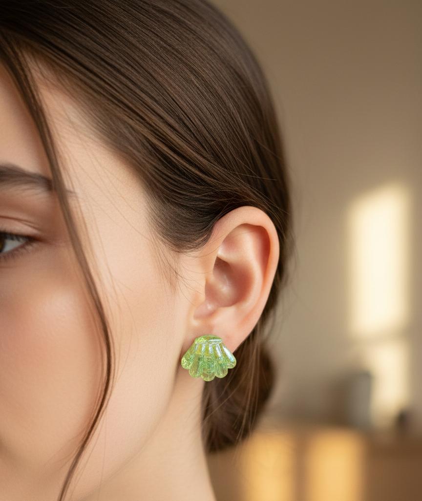 Glittering Green Shell Stud Earrings – Ocean-Inspired Fashion Jewelry