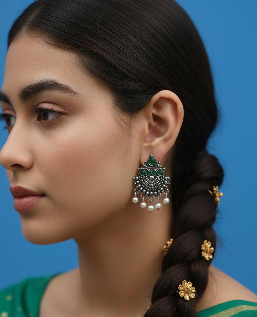 "Antique Silver Boho Green Stone Dangling Pearl Chandbali Earrings"