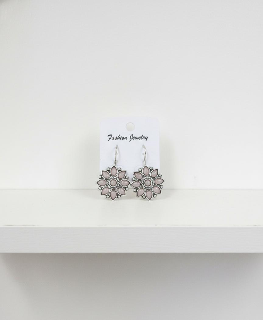 "Vintage Bloom Silver Tone Pink Drop Flower Earrings"