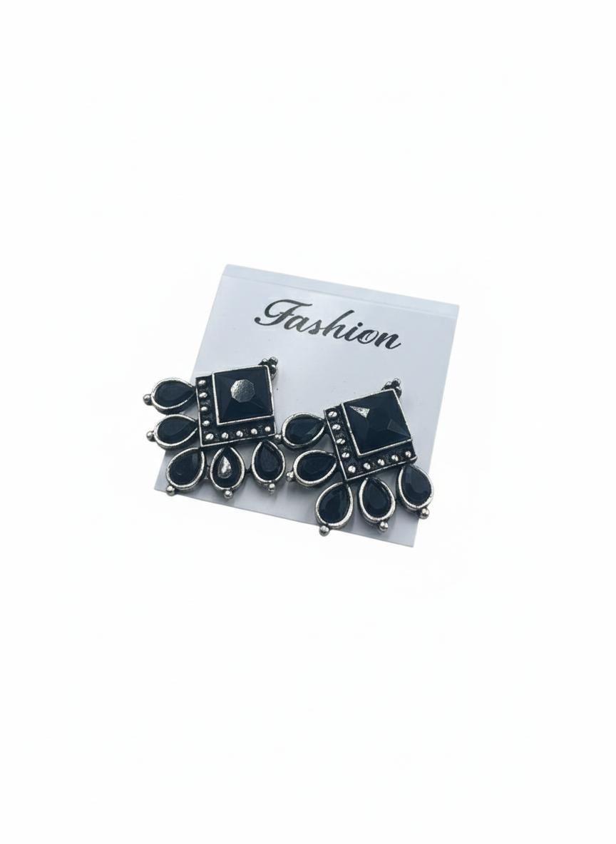 Vintage Black Gemstone Silver-Plated Geometric Drop Earrings for Women