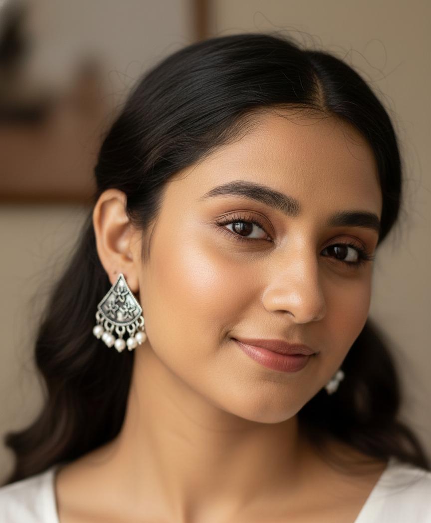 "Antique Silver Floral Triangle Earrings with Pearl Danglers - Ethnic Chic Jewelry"