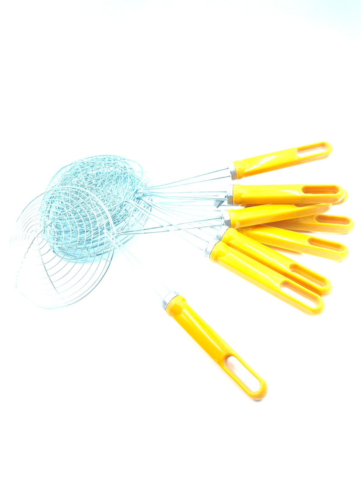 "Stainless Steel Wire Skimmer with Yellow Handle – Frying and Straining Tool"