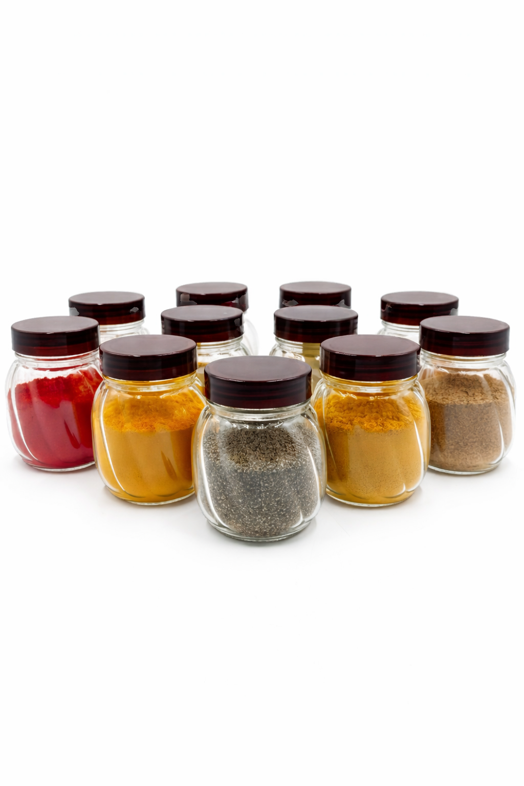 "Glass Spice Jars with Wooden-Style Lids and Built-in Measuring Spoon Set"