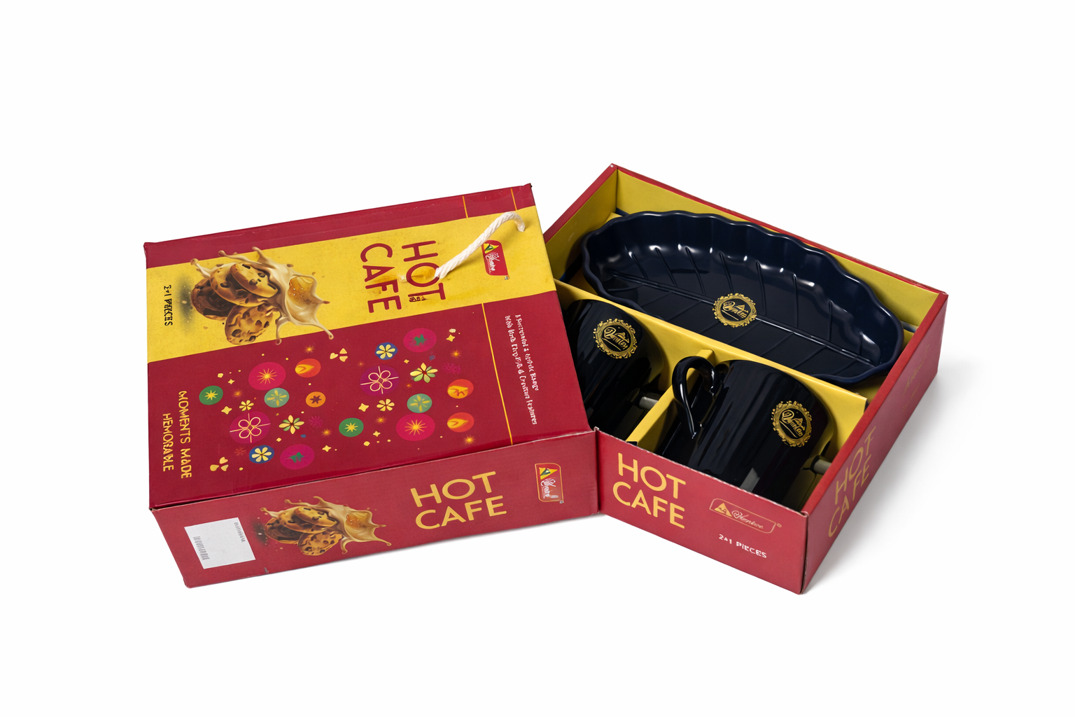 "Elegant Black Ceramic Coffee Mug Set with Matching Leaf-Shaped Snack Plate"