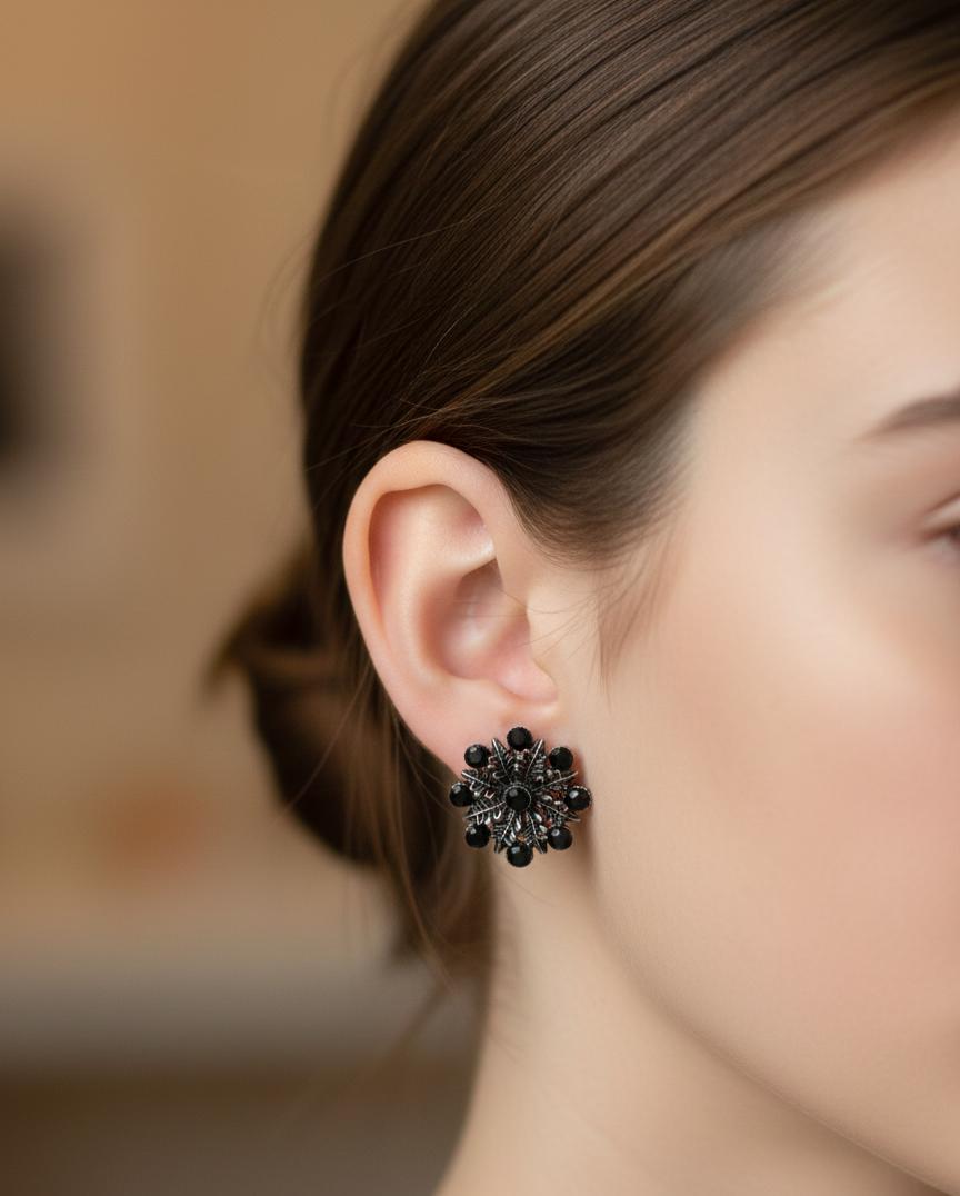 Midnight Bloom Vintage Black Floral Stud Earrings
