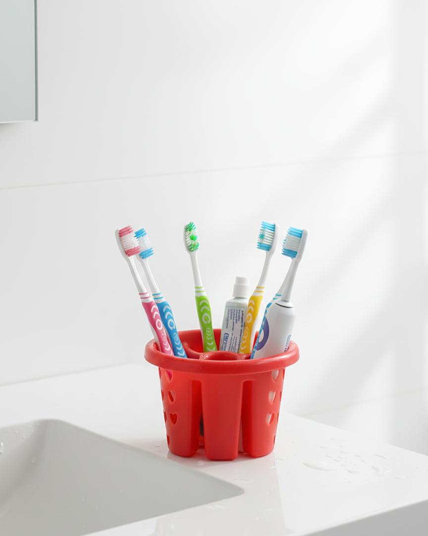 "Red Multi-Slot Toothbrush and Toothpaste Holder with Heart Design"
