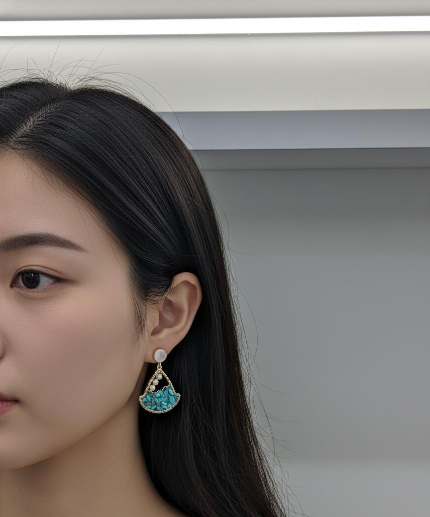 Turquoise Pebble Teardrop Earrings with Pearl Accents and Gold Trim