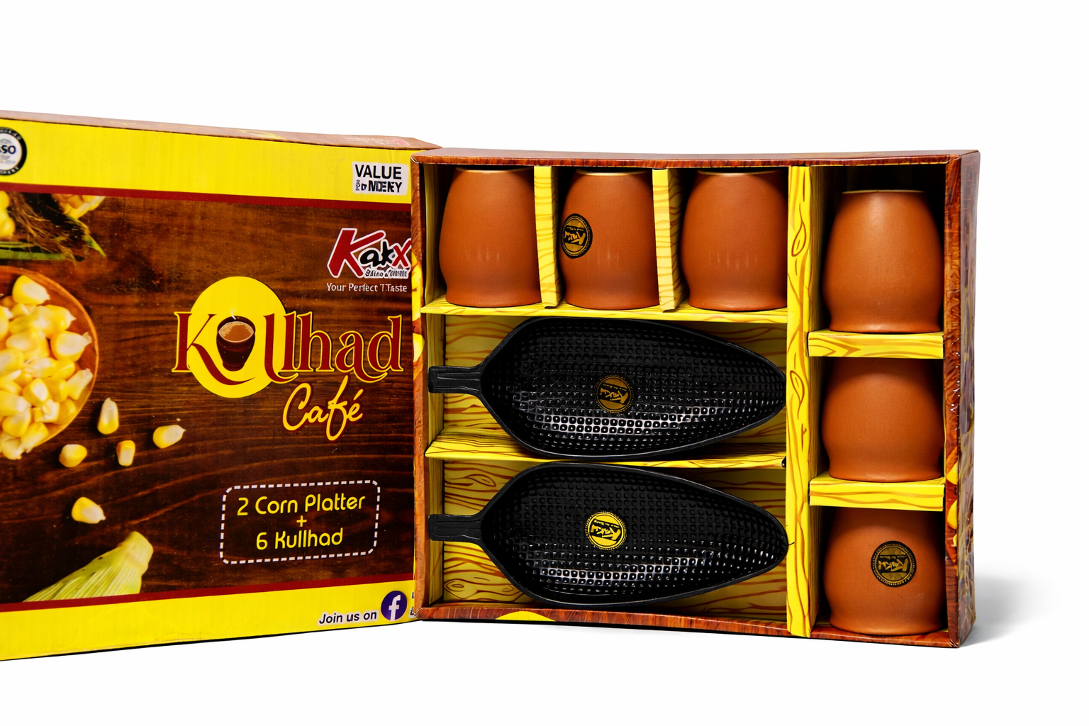"Traditional Kulhad Cafe Set with 2 Corn Platters and 6 Clay Cups"
