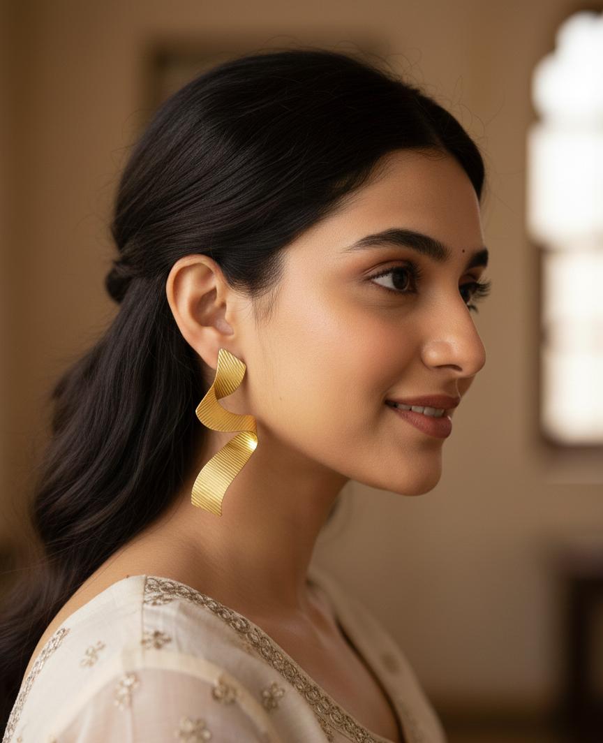 Golden Ribbon Twist Statement Earrings - Bold Lightweight Fashion Jewelry