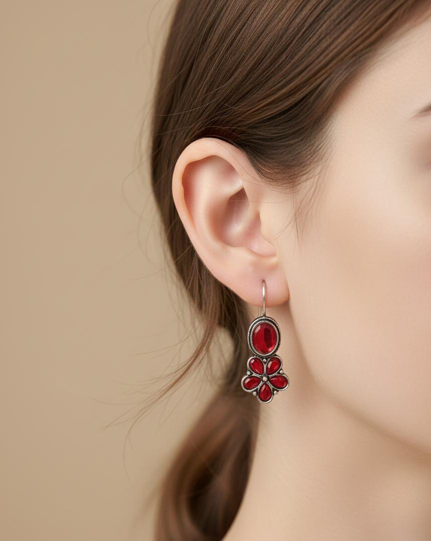 Ruby Red Floral Drop Earrings - Vintage Boho Chic Statement Jewelry