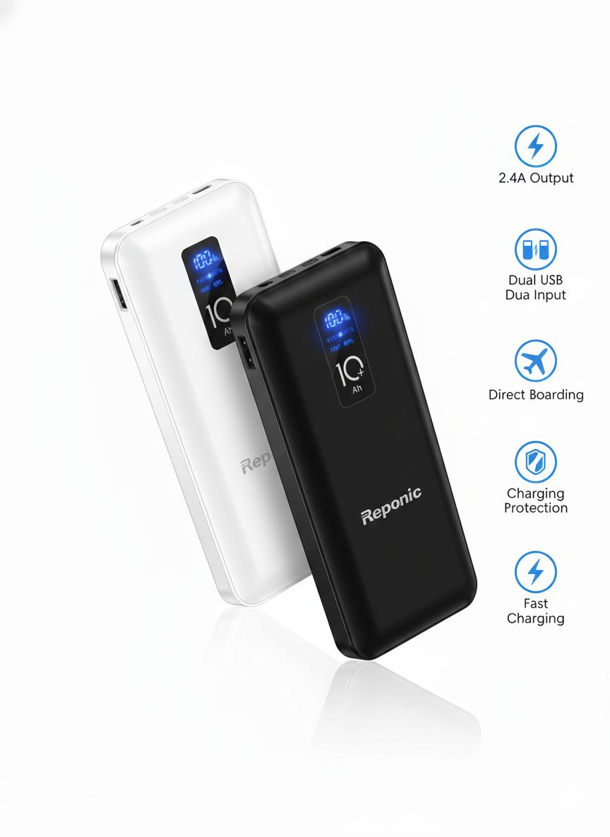 "Reponic 10000mAh Dual USB Fast Charge Portable Power Bank with LCD Display"