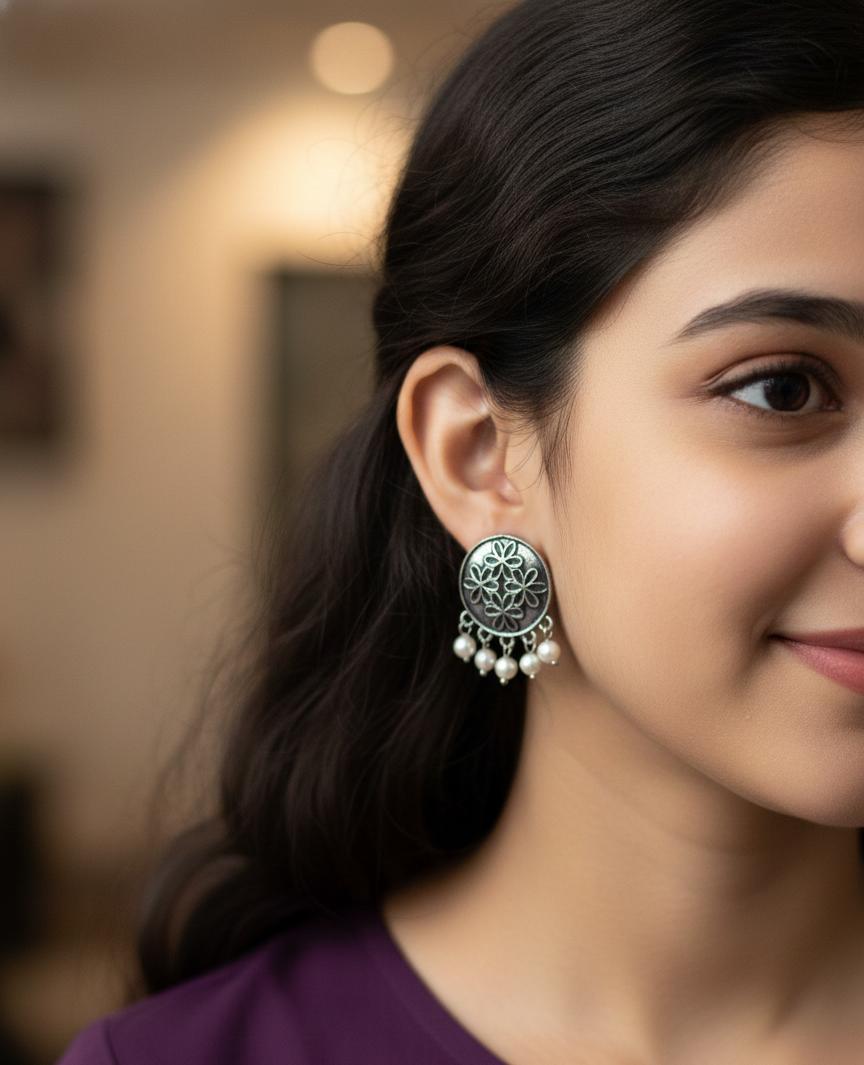 "Antique Silver Floral Earrings with Dangling Pearls – Elegant Ethnic Jewelry"