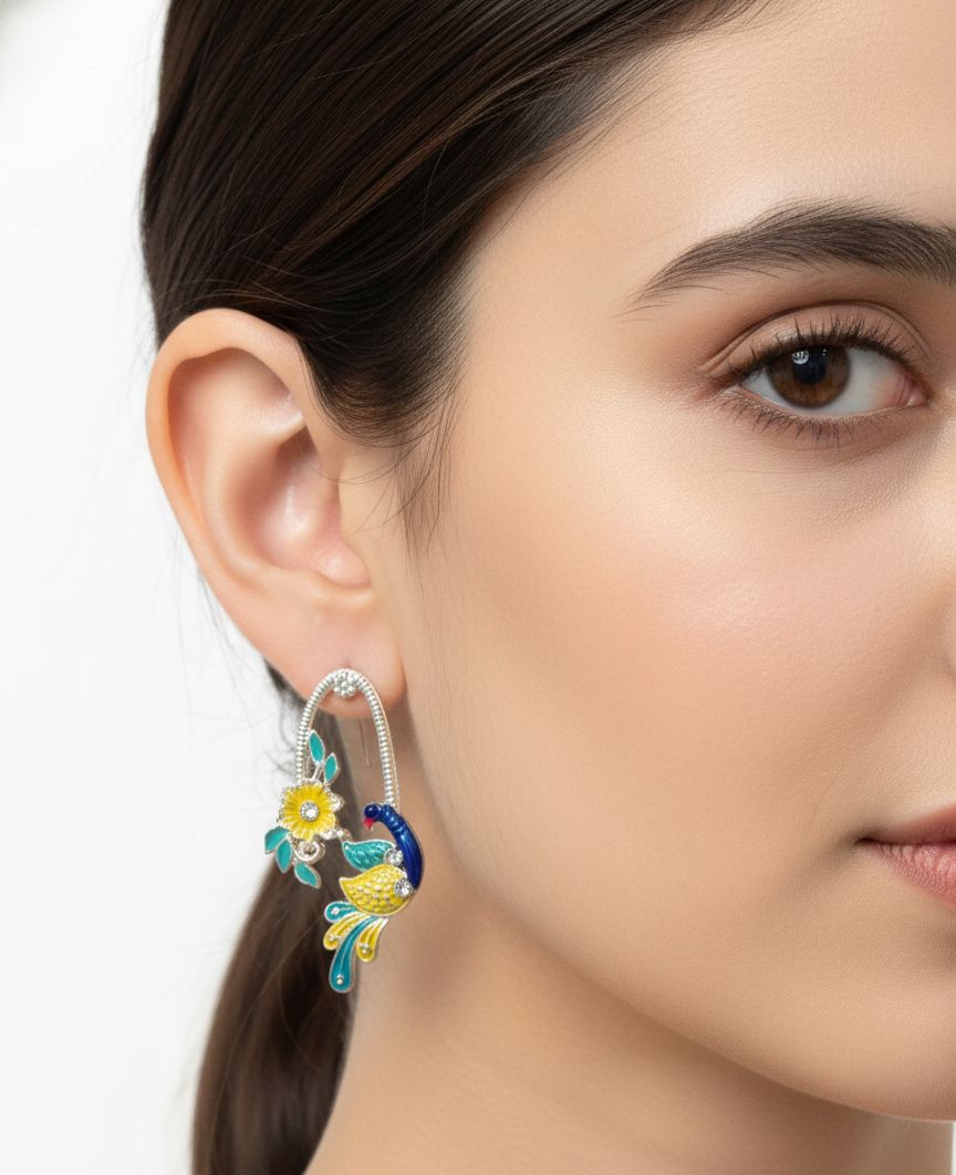 Peacock-Inspired Enamel Floral Dangle Earrings with Crystal Accents.
