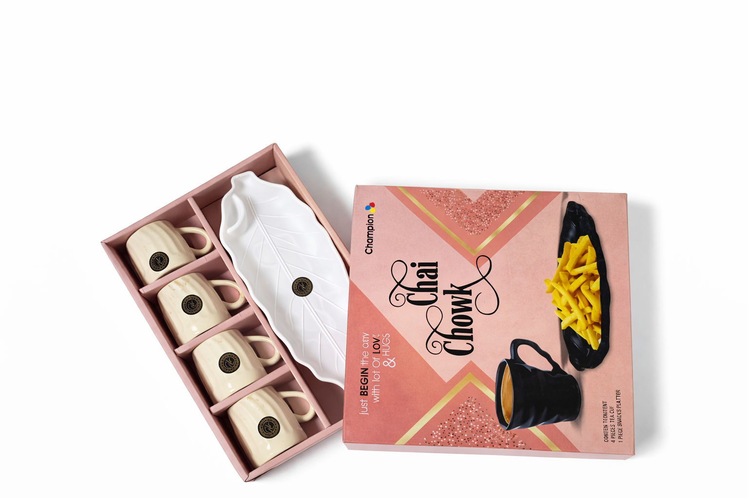 "Elegant Leaf-Shaped Snack Platter with 4 Ceramic Tea Cups Set"