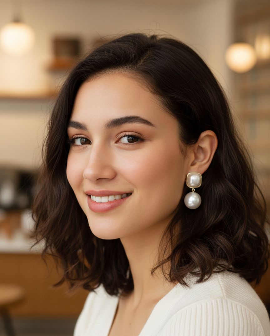 Elegant Dual Pearl Drop Earrings with Square Accent - Classic and Timeless Design