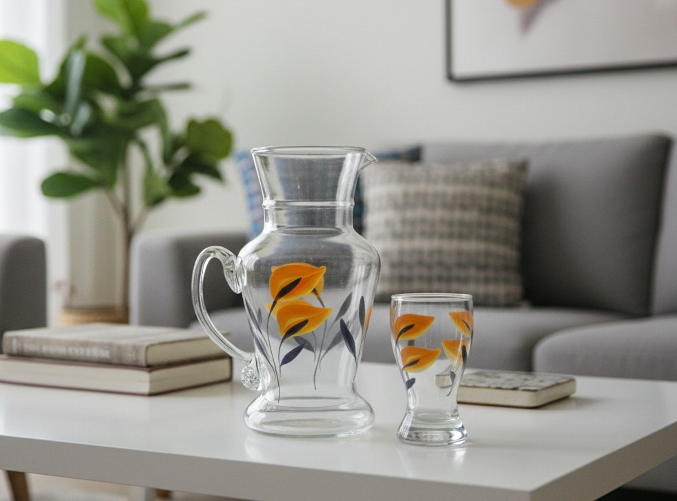 Hand-Painted Floral Glass Pitcher and Cups Set – 7-Piece Elegant Drinkware Collection